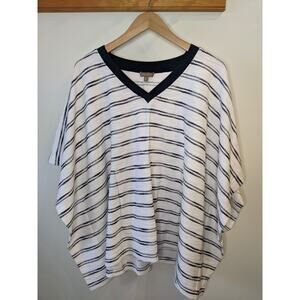 Lilla P Women's M/L White Navy Striped Poncho Top V-Neck Textured Cotton